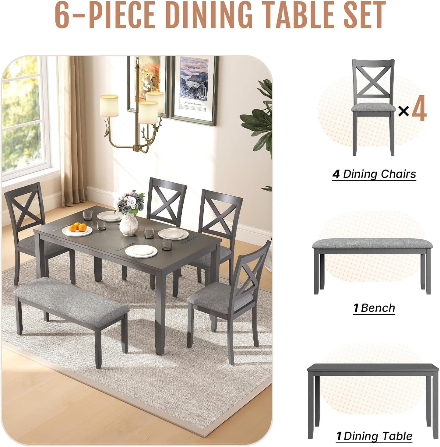 6-Piece Wooden Dining Table Set, Dining Table Set for 6, Including 1 Dining Table, 4 Upholstered Chairs and 1 Bench, Wooden Legs Dining Table, Table Set for Dining Room, Grey