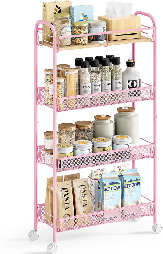 KINGRACK Metal Slim Rolling Cart,4-Tier Metal Utility Cart,Storage Cart with Wooden Tabletop, for Narrow Space on Laundry Bathroom Kitchen Room Bedroom Apartments Dormitory (Pure Pink, Slim)