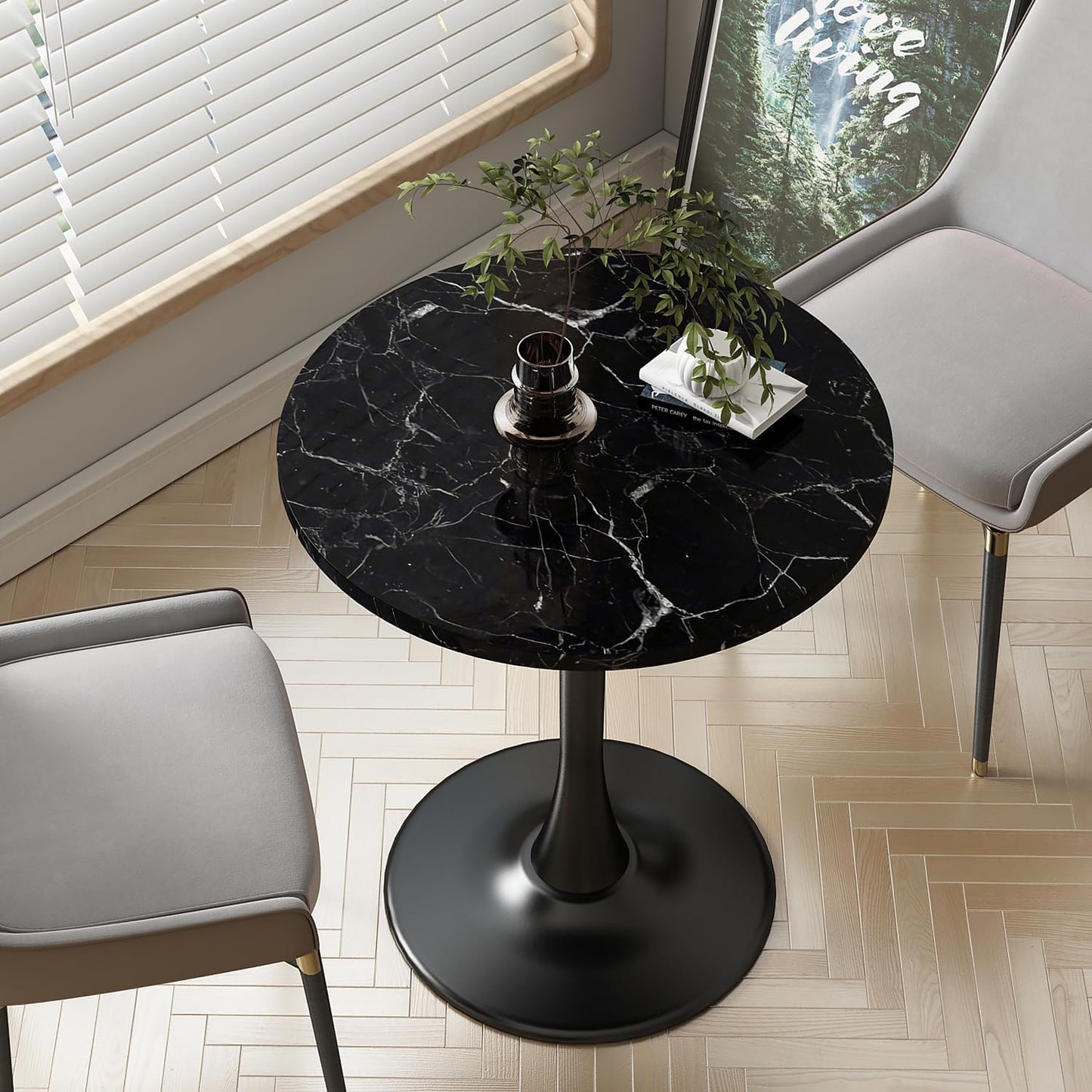 Black Round Table Modern Dining Table Marble Texture Tulip Round Kitchen Table Mid Century Coffee Table for Living Room, 24 inch