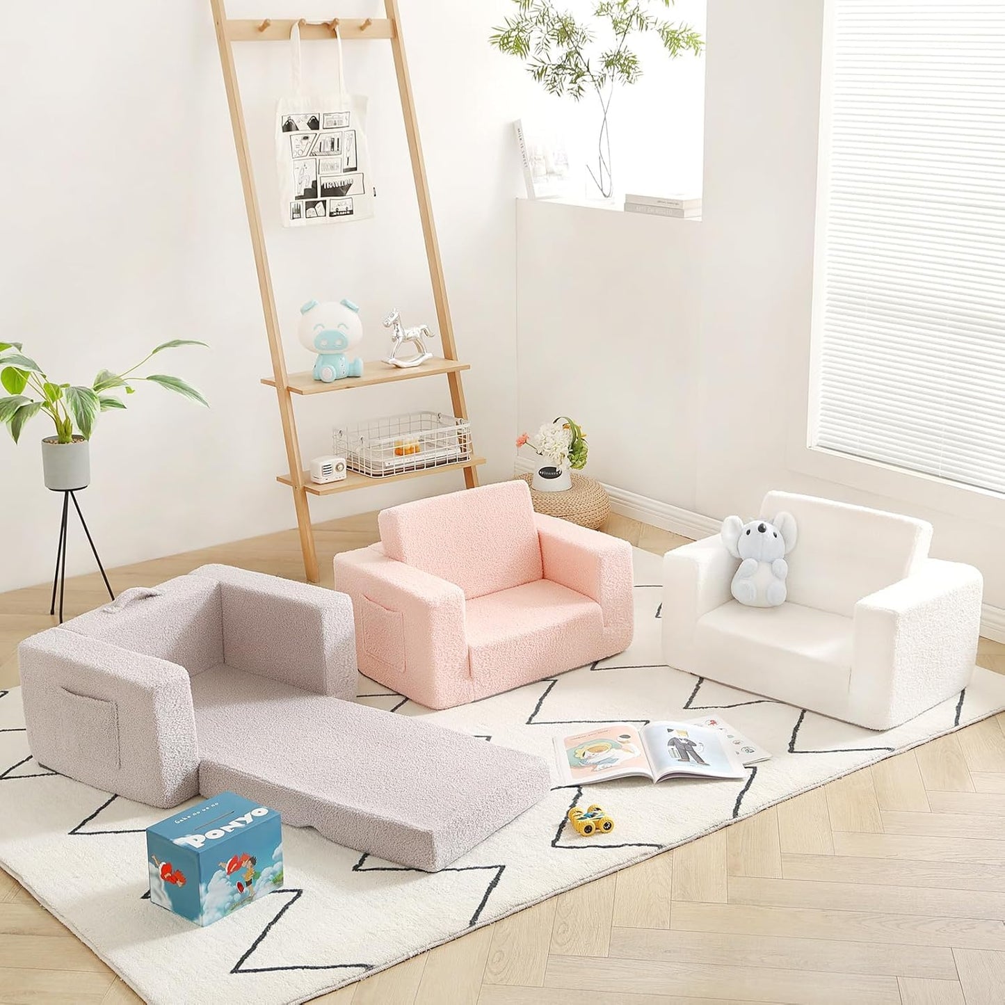 Welnow Toddler Chair, 2-in-1 Soft Sherpa Kids Sofa, Convertible Toddler Couch Lounger, Flip Out Kids Couch Chair with Side Pockets & Removable Cover for Girls and Boys, Grey