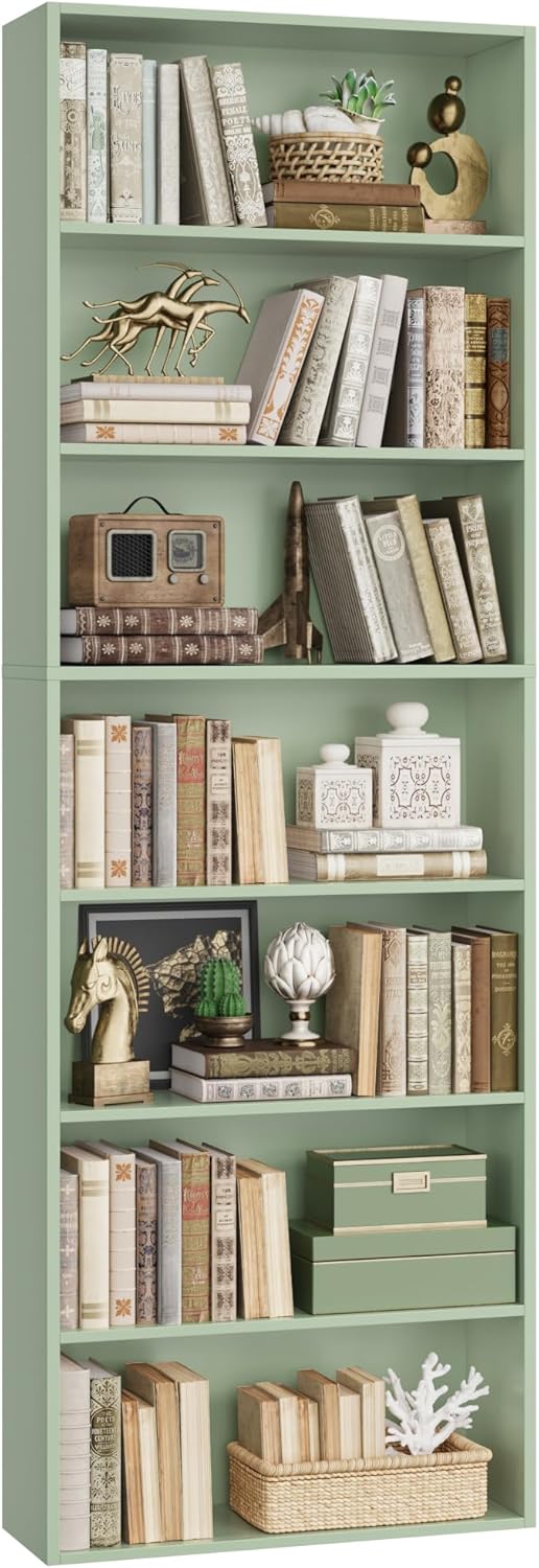 82" Tall Bookshelf, 7-Tier Open Shelves Bookcase, Freestanding Display Storage Shelves, Tall Bookcase Home Decor Furniture for Home Office, Living Room, Bedroom, Green