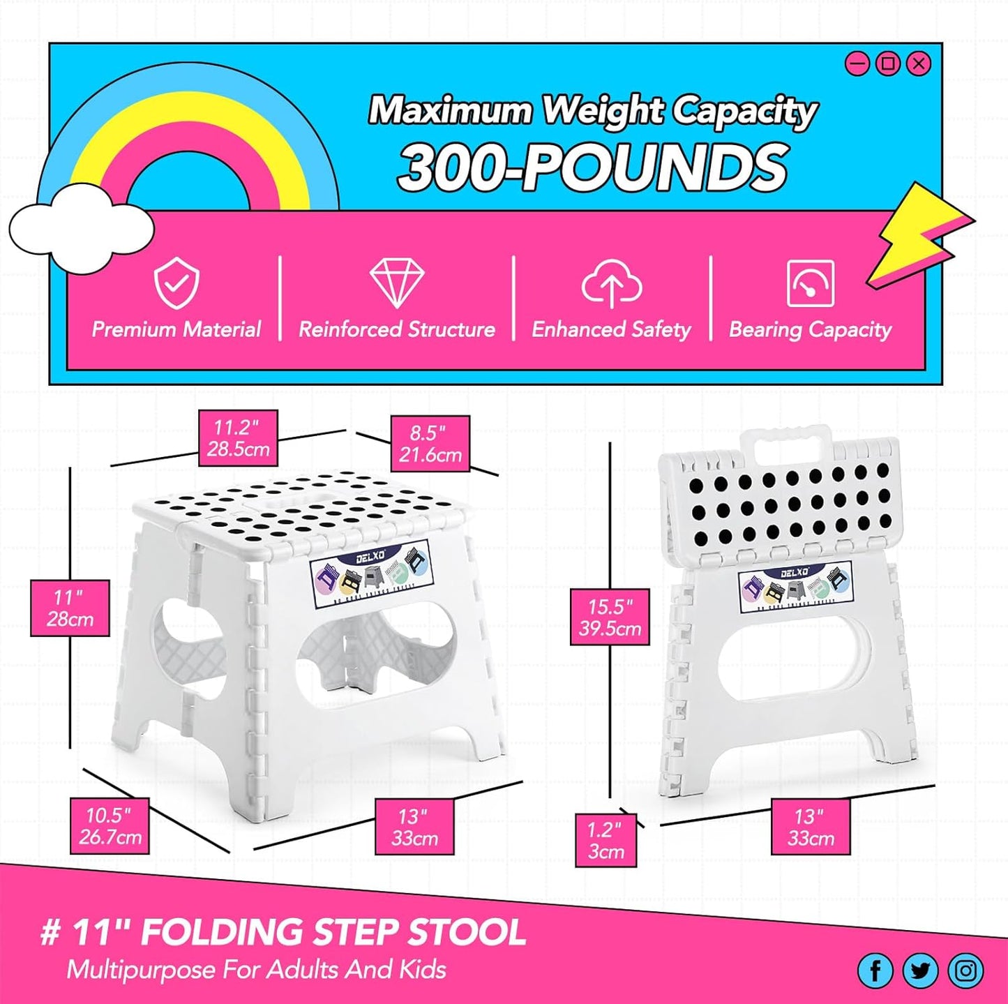 Delxo Folding Step Stool,11 Inch Non-Slip Foldable Step Stools,Portable Foldable Step Stool Lightweight Small Folding Stool with Handle for Kitchen Bathroom in White,1 Pack