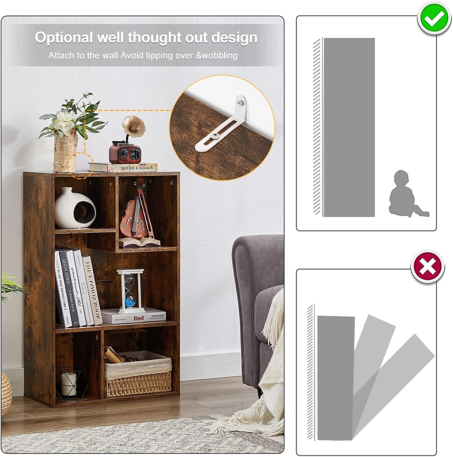 VECELO Modern Bookshelf, 5 Cube Shelf, Fits Tallest Hardcovers, Horizontal Available, Storage Organzier for Home Office, Vintage Brown