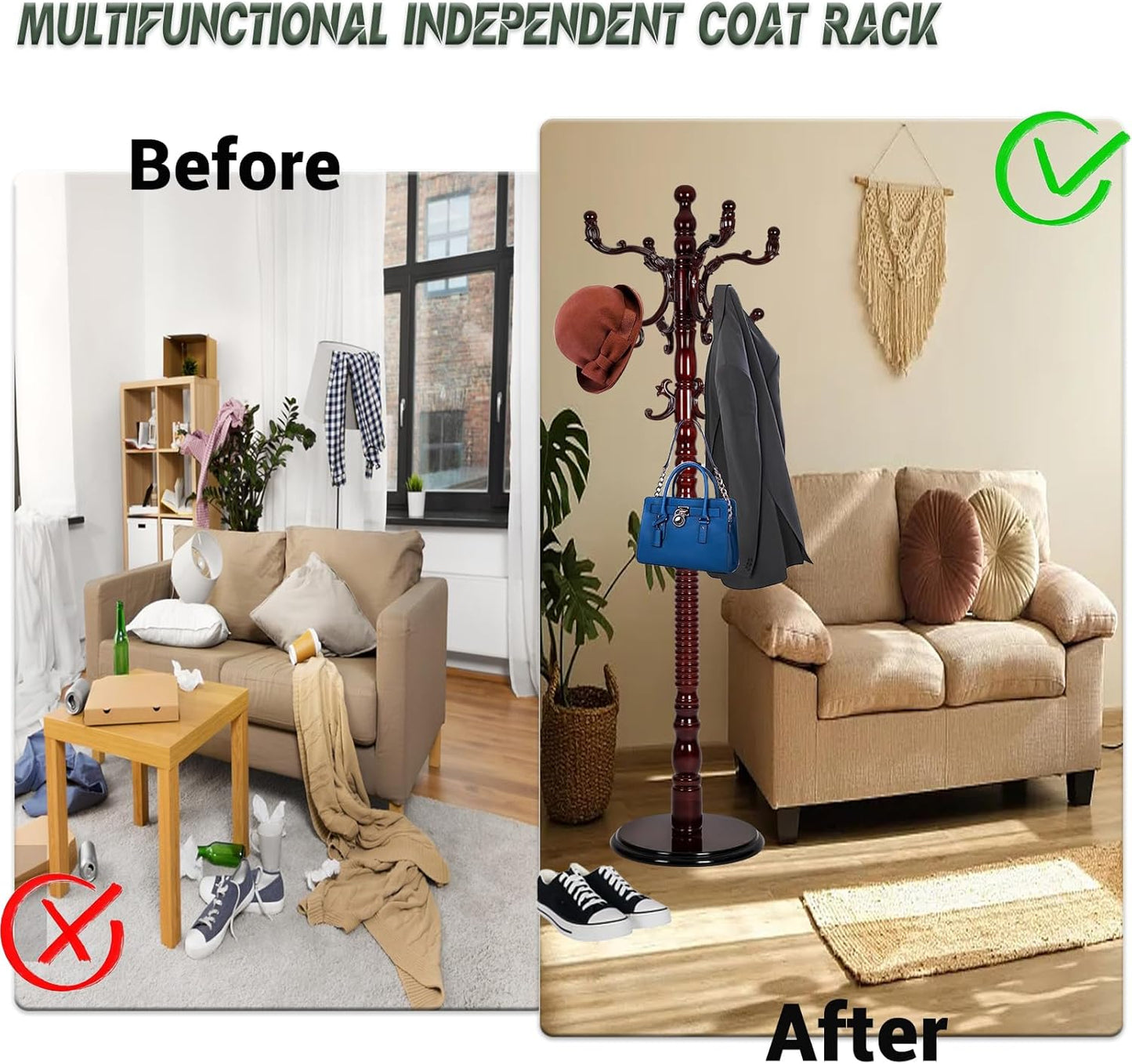 73" Wooden Coat Rack Stand,Coat Racks Freestanding With 14 Hooks And Solid Round Base Heavy Duty Adjustable Height Hall Tree Coat Rack for Entryway Hallway Foyer Office Bedroomf (Red sandalwood)