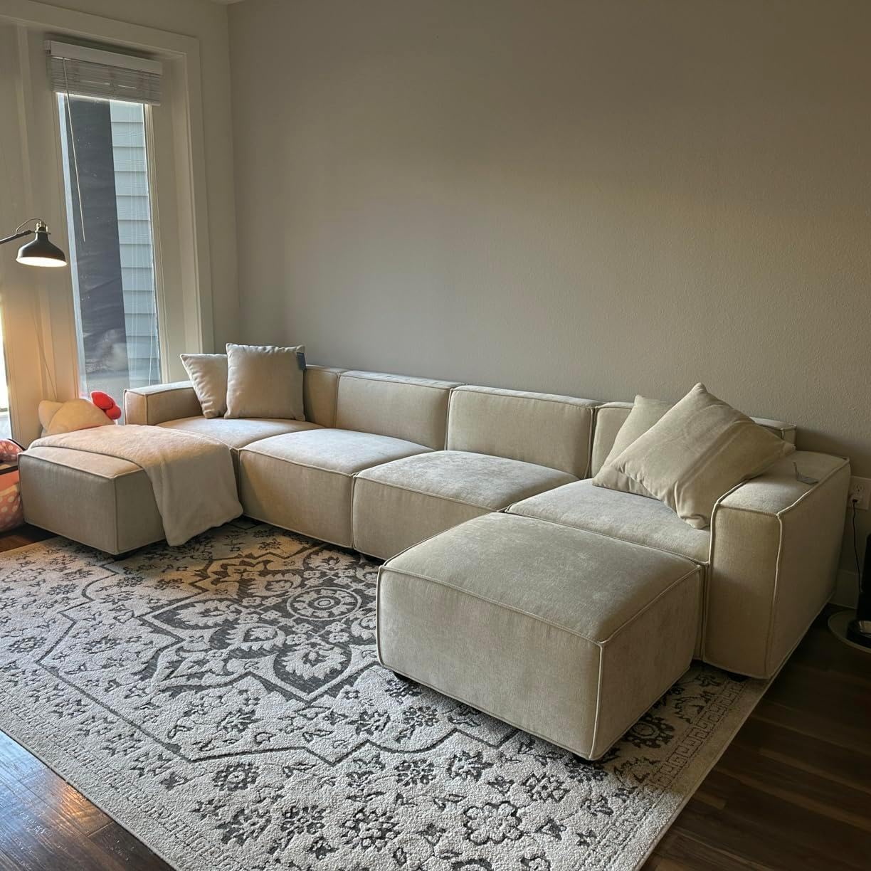 Acanva Luxury Modular Sectional Living Room Sofa Set, Modern Minimalist Style Couch with Ottoman and Chaise, U-Shape, Linen-Like Cream