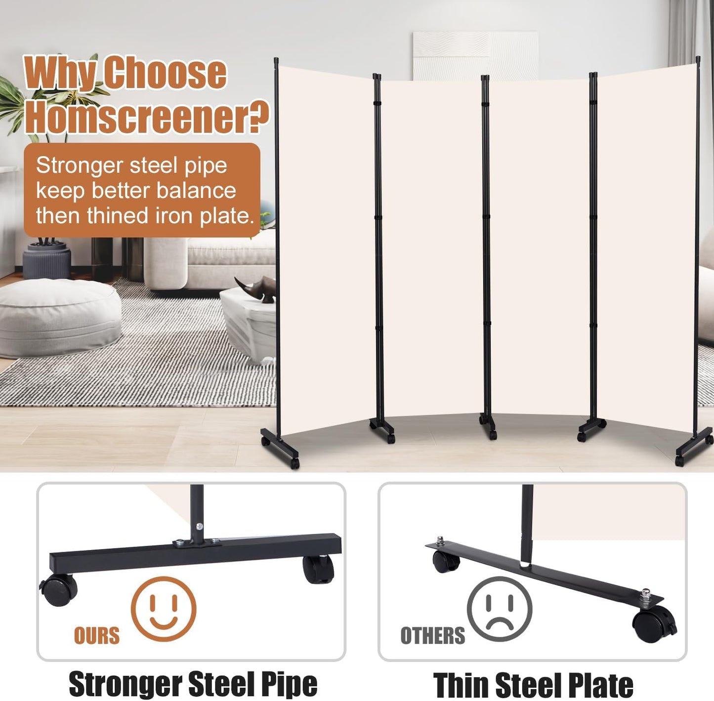 Room Divider Portable 88'' Partition Room Dividers and Folding Privacy Screens 4 Panel Wall Divider for Room Separation，Freestanding Fabric Room Divider Panel with Wheels for Home Office Hospital