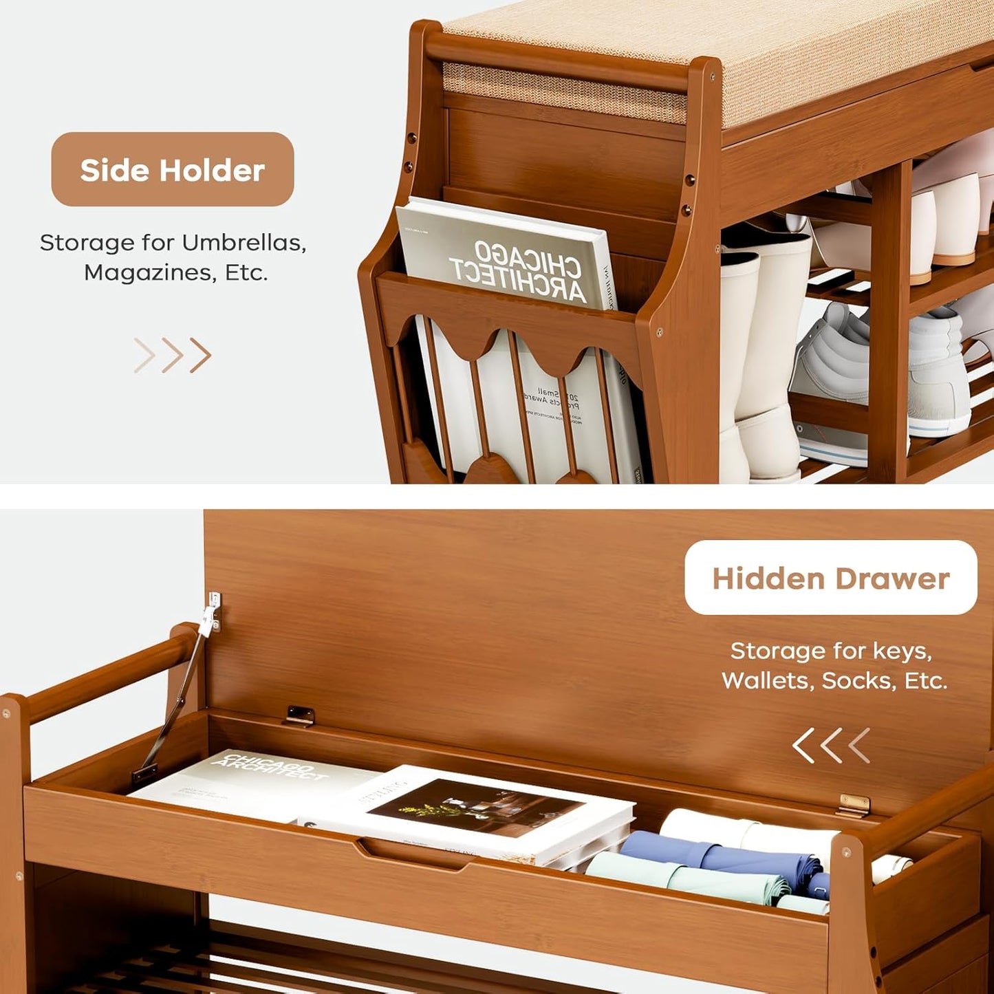 39.4in Shoe Bench with 2 Side Holder, 3 Tier Bamboo Entryway Bench with Storage, Shoe Rack Bench Organizer with Cushion for Entryway Hallway Living Room, Holds up to 330lbs