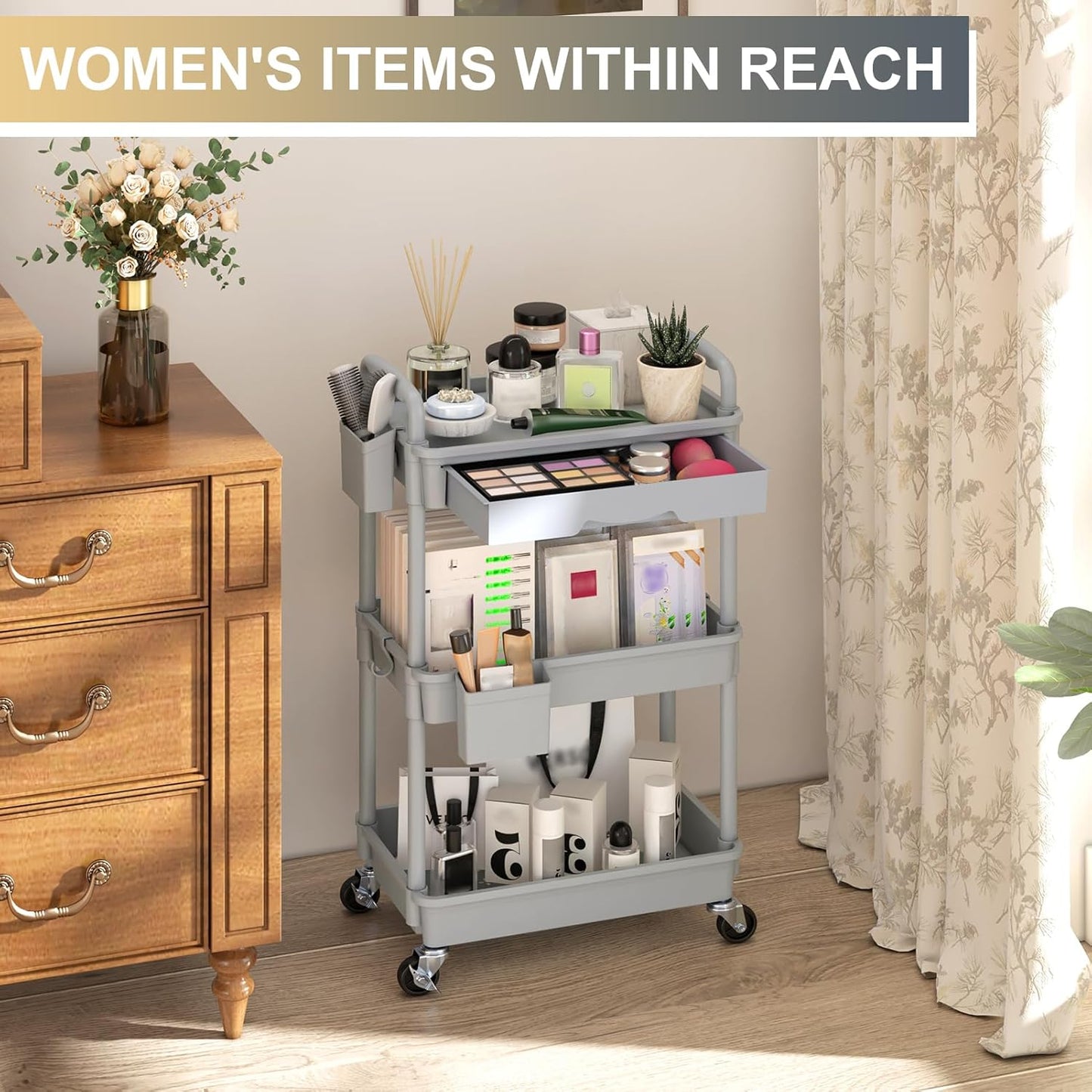 Goovilla 3 Tier Rolling Utility Cart Organizer with Removable Drawer, Stable and Sturdy Grey Rolling Storage Carts with 2 Lockable Wheels for Bathroom, Kitchen, Snack, Craft, Makeup, Baby Essentials