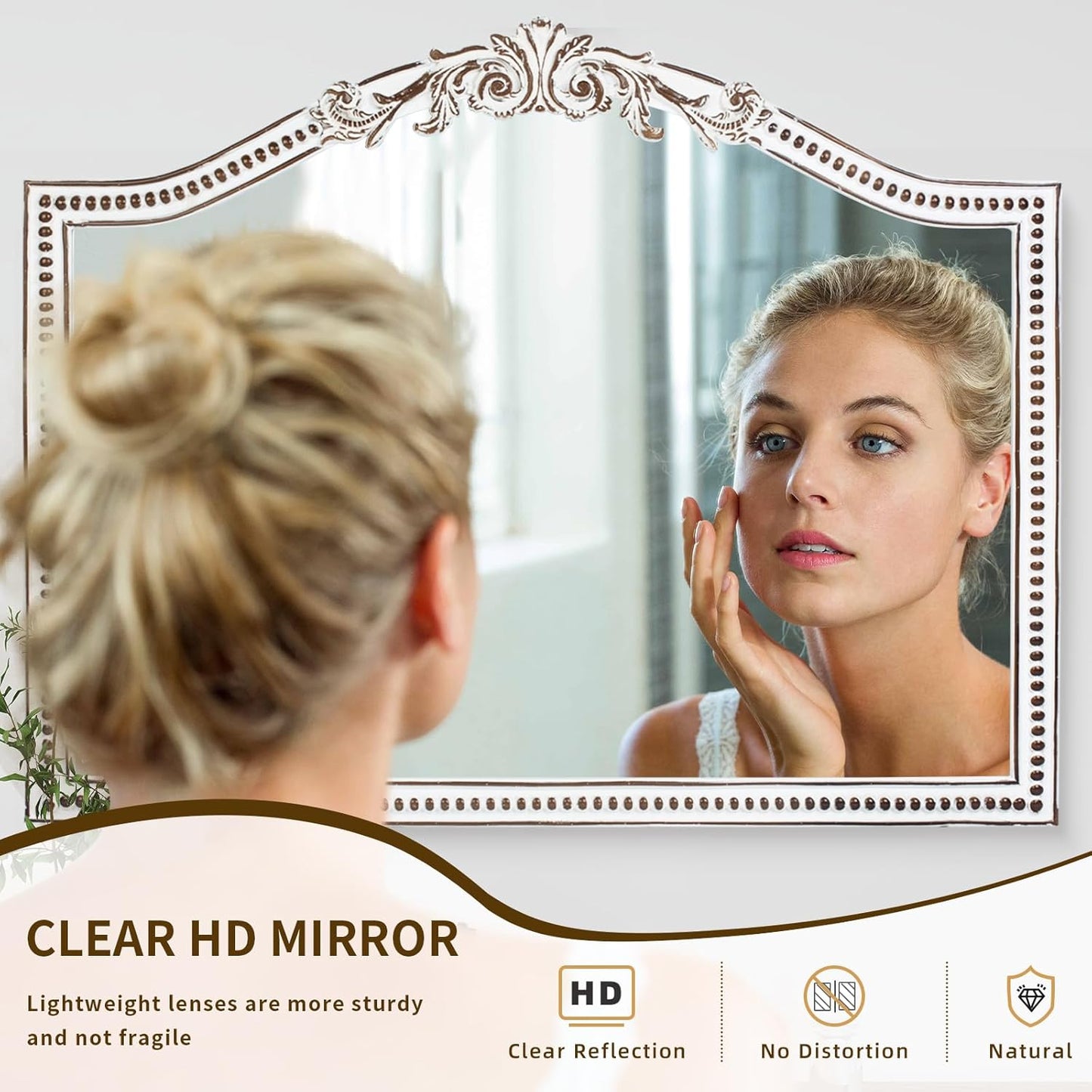 32x42 Inch Ornate Wooden Arched Wall Mirror, Rustic Farmhouse Decorative Wide Mirrors for Fireplace, Living Room, Bedroom, Entryway, Bathroom Over Sink