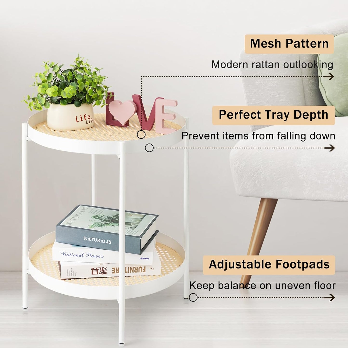 danpinera All Metal Side Table, 2 Tier Anti Rust Small Table with Imitation Rattan Pattern on Removable Trays for Living Room, White Round Nightstand for Bedroom, 20.47 Inch x 16.54 Inch Pearl White