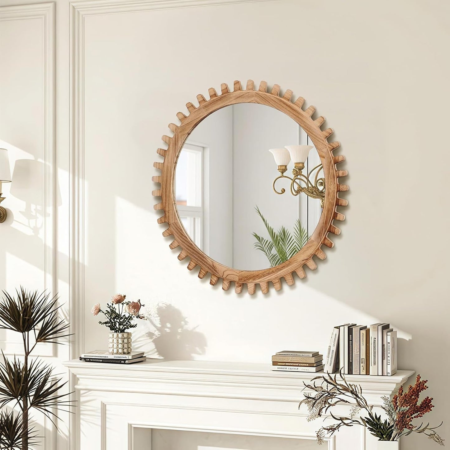 ULIKE Round Wood Mirror, 30 Inch Rustic Farmhouse Circle Mirror with Wooden Frame, Mordern Wall Decor for Bathroom Nursery Bedroom Living Room Entryway, Brown