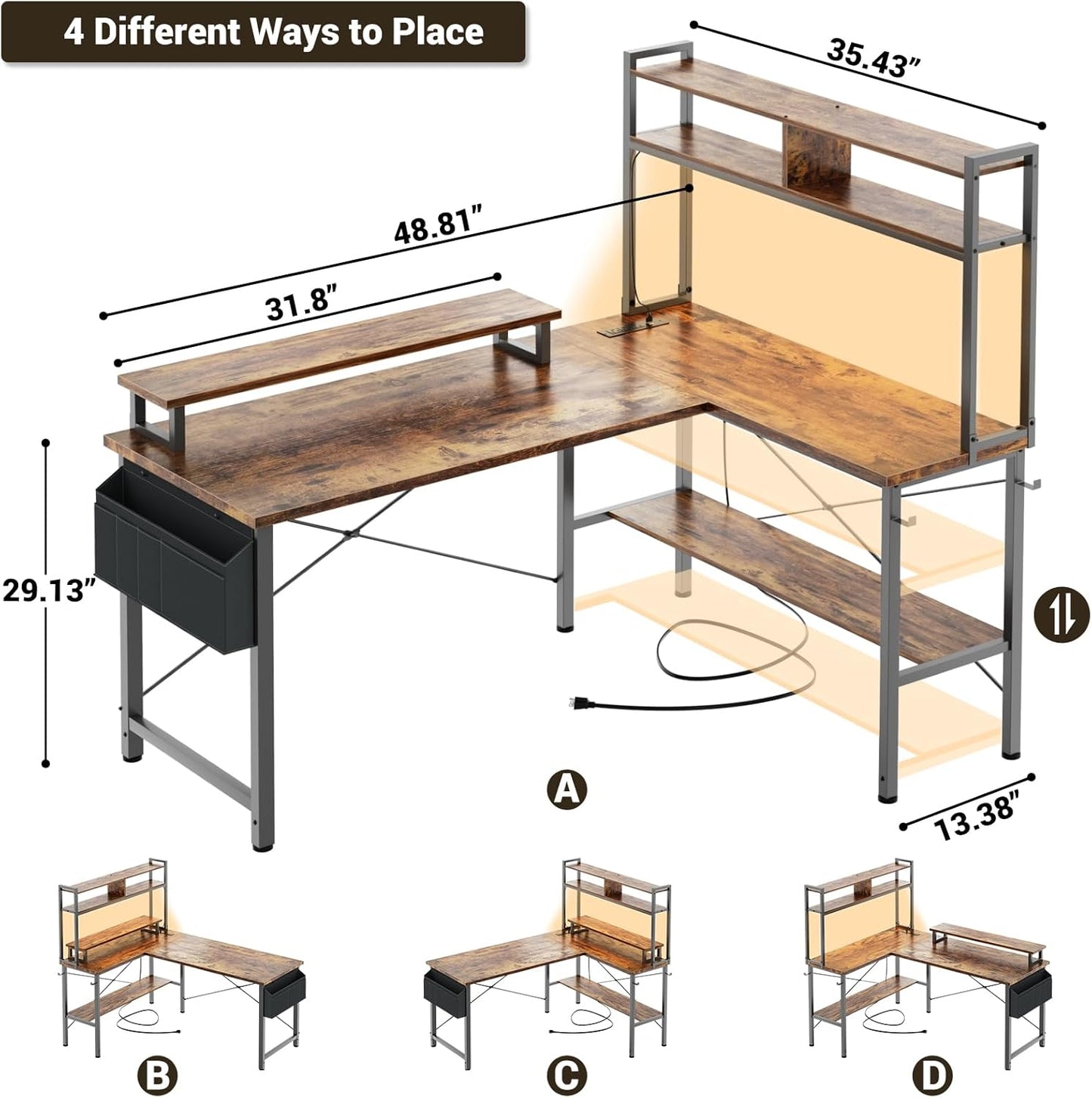 Aheaplus L Shaped Gaming Desk with Power Outlets & LED Lights, Small L-Shaped Desk Computer Corner Desk with Monitor Stand & Storage Shelf, Home Office Desk Writing Desk with Storage Bag, Rustic Brown