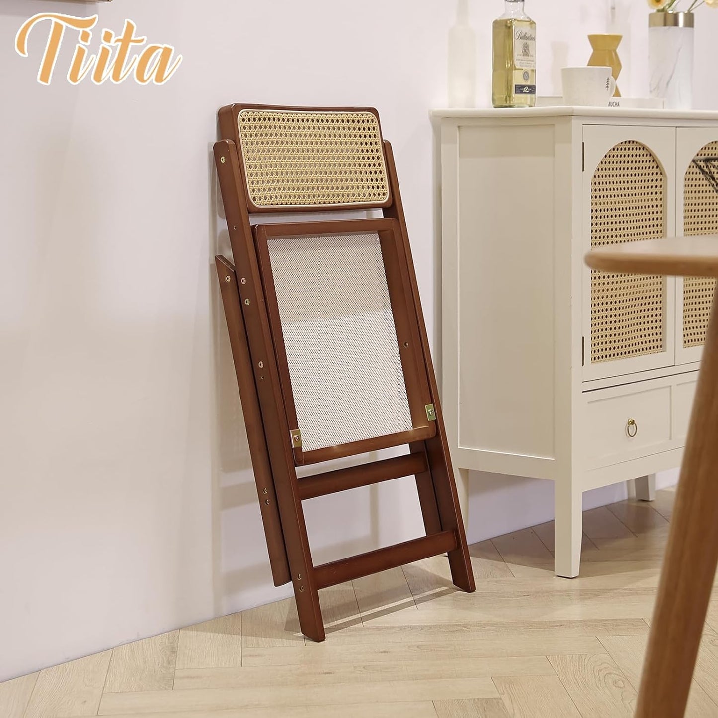 Tiita Rattan Dining Chairs Set of 1, Mid Century Modern Folding Chair, Bamboo Folding Dining Chairs for Small Space, Dining Room, Living Room, Bedroom, Walnut