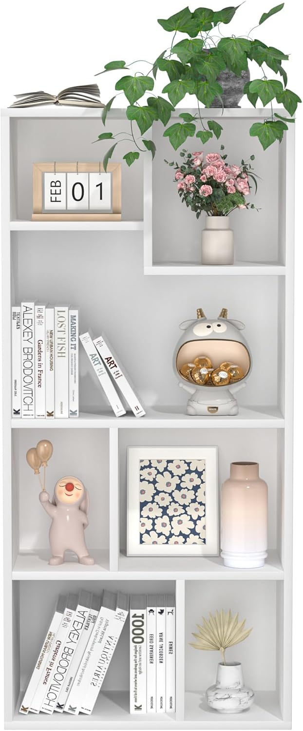 VECELO 42 Inch High Bookcase, 4-Tier Modern Storage Cabinet with Height Difference Shelves for Standard Textbooks, Floor Standing Display, 7 Cubes, Horizontal Avaiable, Easy Assembly, Pearl White