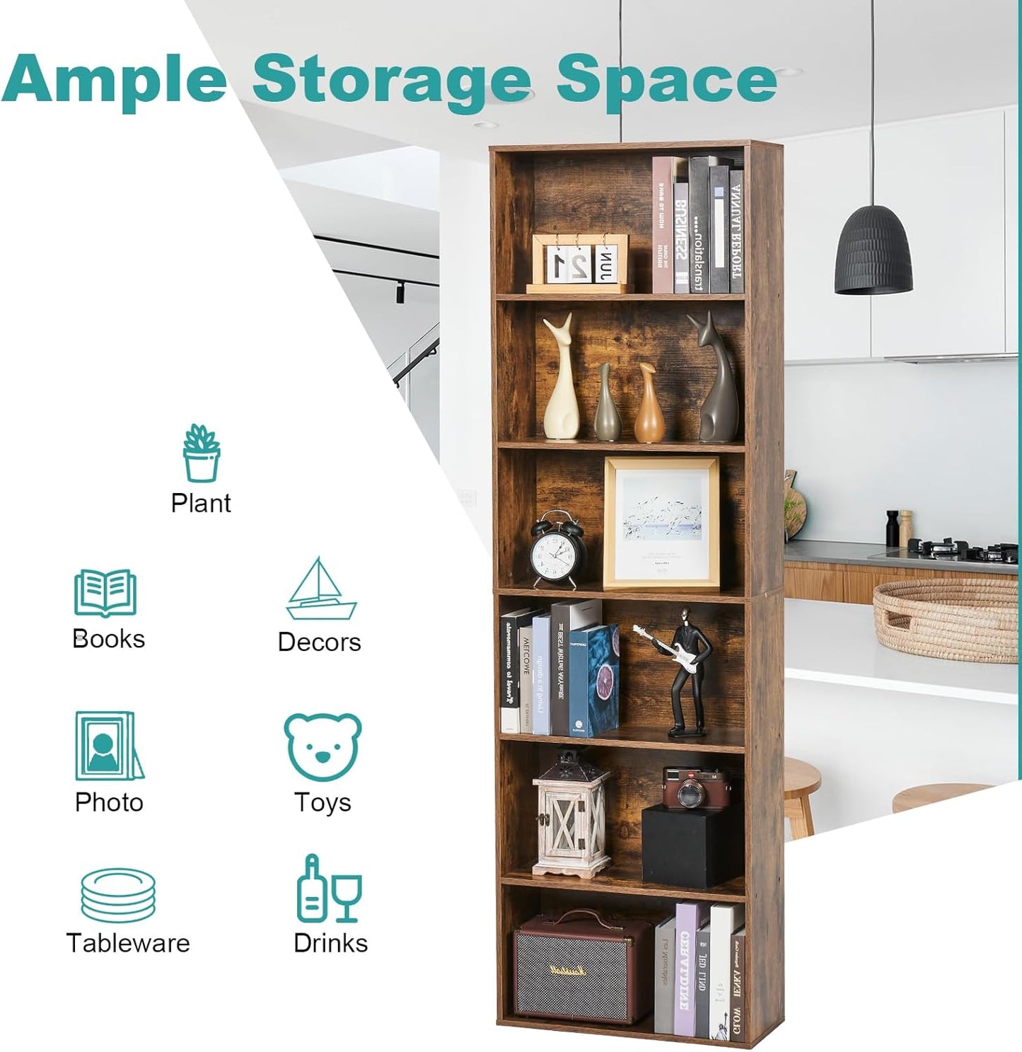 6-Tier Book Shelf, Floor Standing Open Bookcase, Wooden Display Storage Shelves with Anti-Tipping Device, 71" Tall Bookshelf for Bedroom, Living Room and Office, Brown