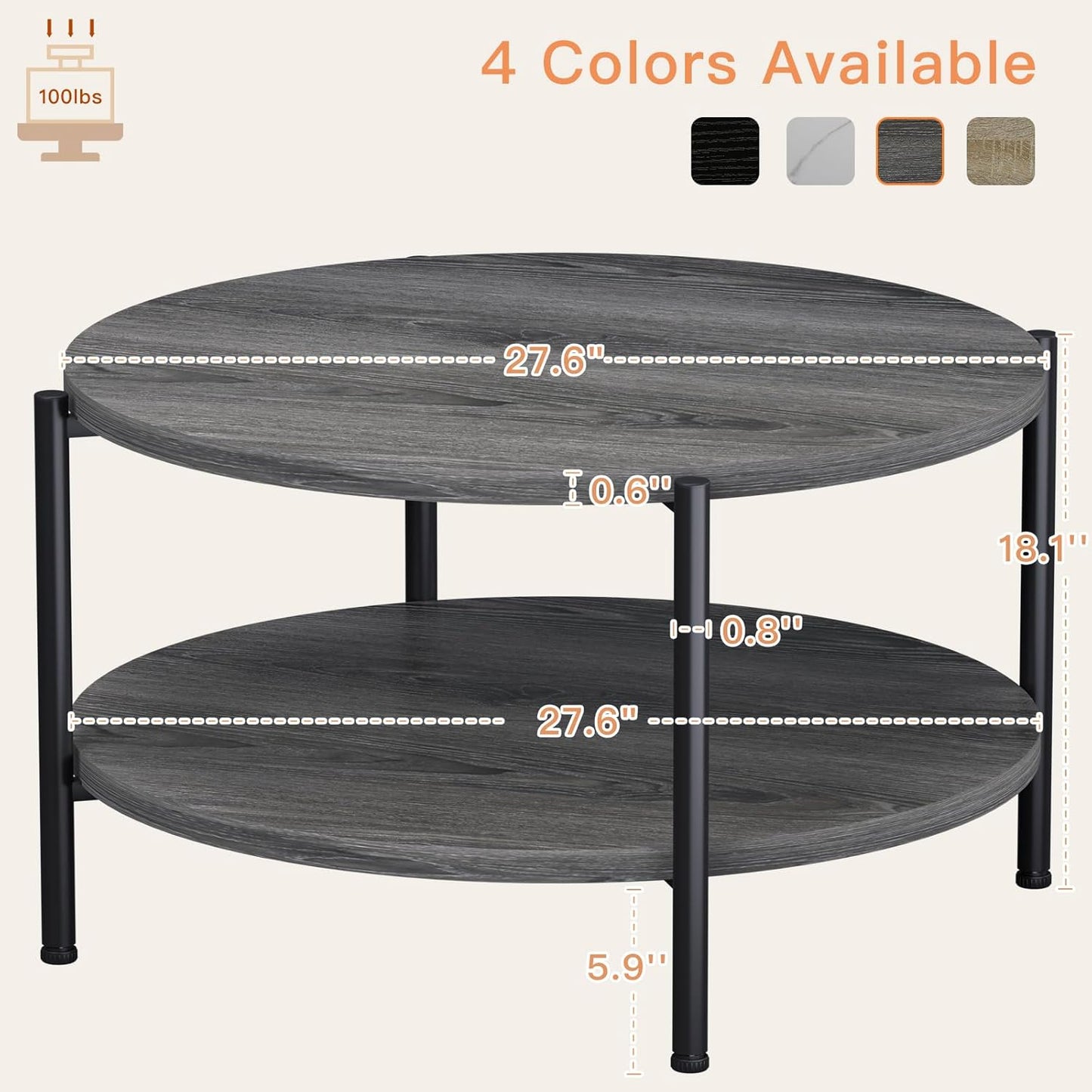 Coffee Table, 2 Tier Coffee Tables for Living Room, Round Coffee Table with Storage, Floor Table for Bedroom, Home Office, Rustic Brown (27.6" D x 18.1" H)