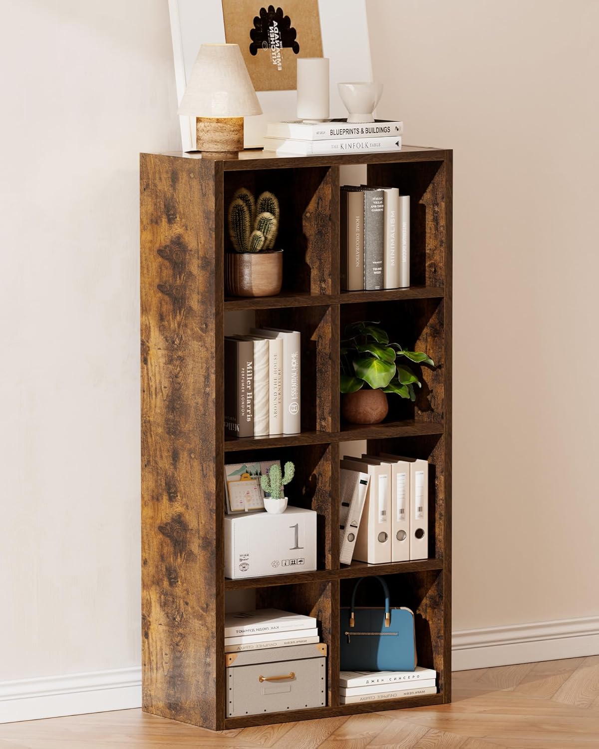 GTPLAYER 8-Cube Storage Organizer, Fits 11" Bins, Vertical or Horizontal Use, Opening Bookshelf, Partial Back Panels, Stackable Design Bookcase, for Living Room, Media Console, Hallway, Rustic Brown