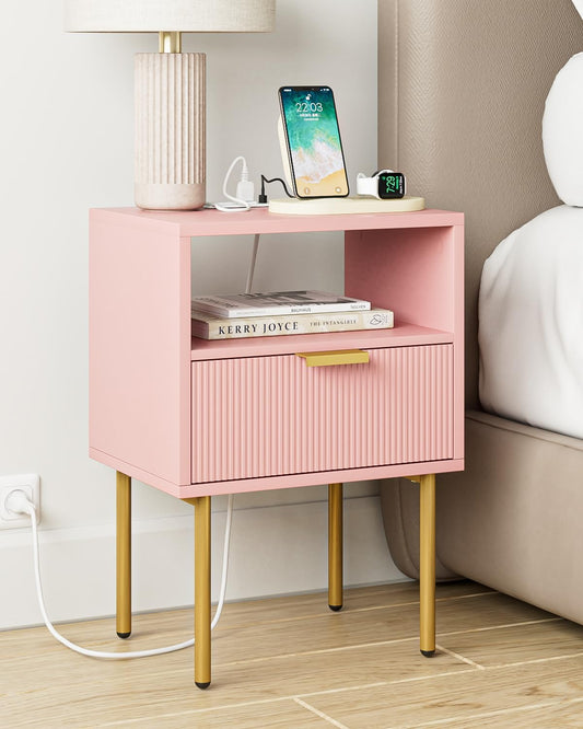 Nightstand,Morden Bedside Table with Gold Frame,Small White Night Stand,End Table,Bedside Furniture,Side Table with Drawer and Shelf for Bedroom,Living Room (1Drawer, Pink-Outlet)