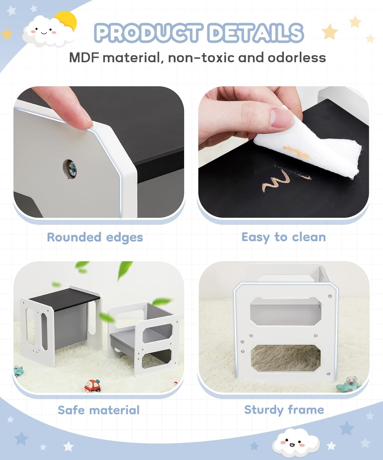 Kids Table and Chair Set, 3-in-1 Wooden Children's Furniture with Blackboard, Water Resistant, Easy to Clean,Toddler Weaning Table for Bedroom, Playroom, Living Room (Grey and Black)