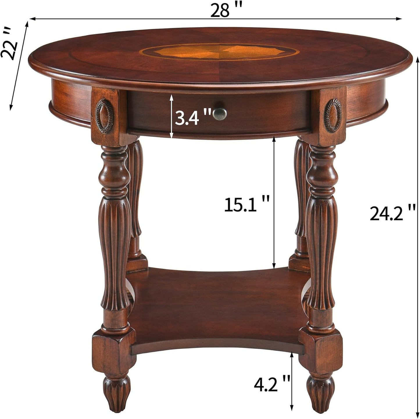 LEEMTORIG Oval Round End Table, 2-Tier Cherry Wood End Table Solid Wood Side Table with Drawer, Victorian Vintage Nightstand for Bedroom Living Room, 28"W x 22"D x 24.2"H, Cherry Walnut CJZ-1533-WD-DR