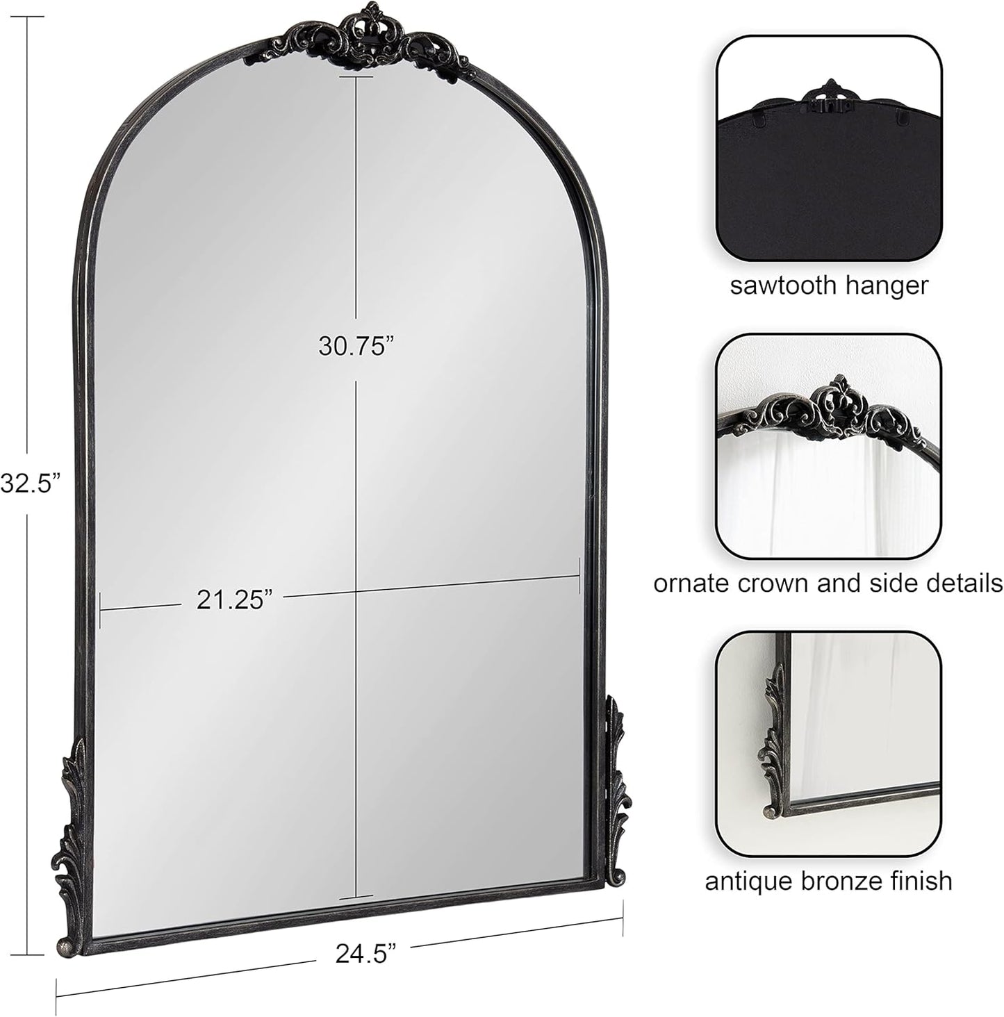 Kate and Laurel Myrcelle Traditional Arched Mirror; 25 x 33; Black; Decorative Vintage Arch Mirror with Ornate Garland Detailing Along The Crown and Edges of The Frame