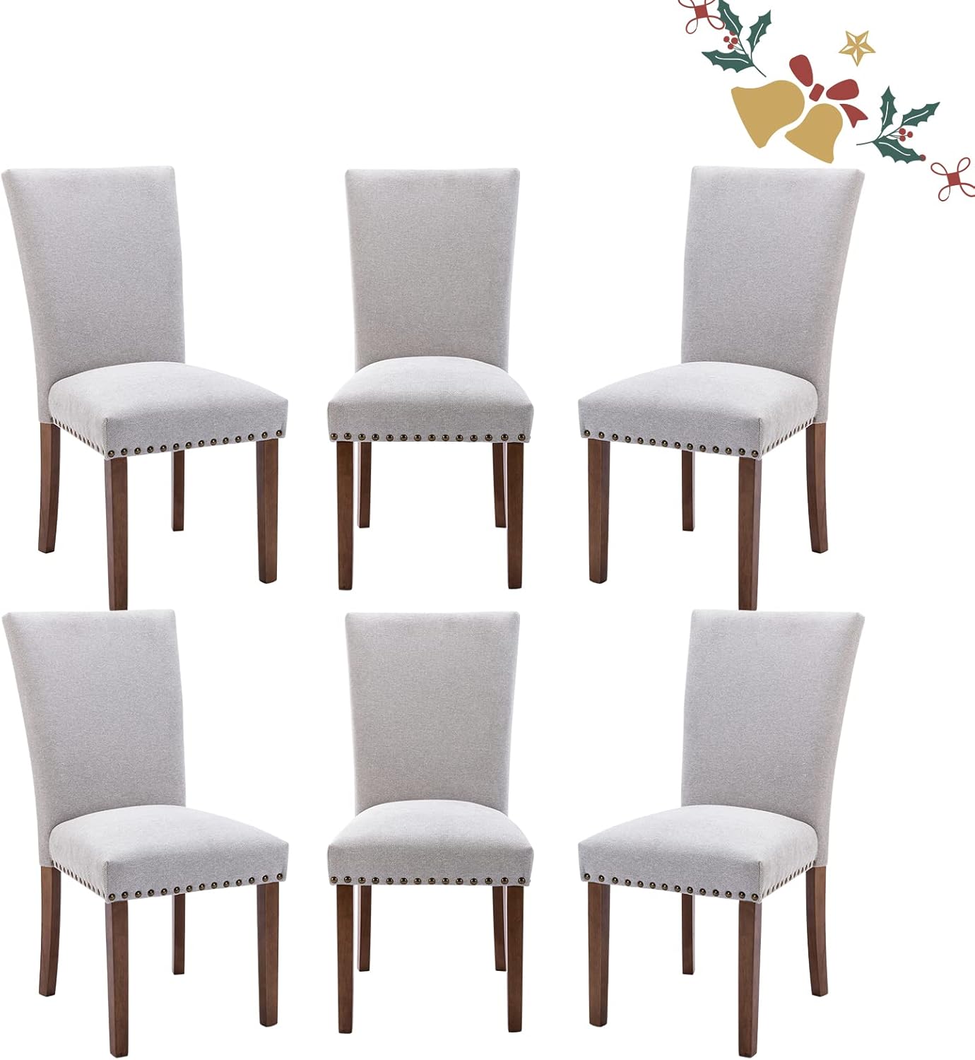 Parsons Dining Chairs Set of 6, Upholstered Nailhead Dining Room Kitchen Side Chair with Thick Cushions and Wood Legs, Light Grey
