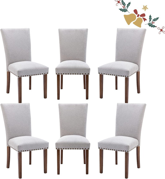Parsons Dining Chairs Set of 6, Upholstered Nailhead Dining Room Kitchen Side Chair with Thick Cushions and Wood Legs, Light Grey