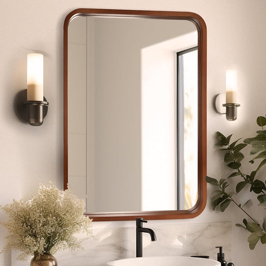 WallBeyond 24x36 Inch Wood Mirror for Bathroom, Wooden Frame Wall Mirror Farmhouse Wall Mounted Rectangle Mirror for Vanity (Horizontal/Vertical Walnut Color)