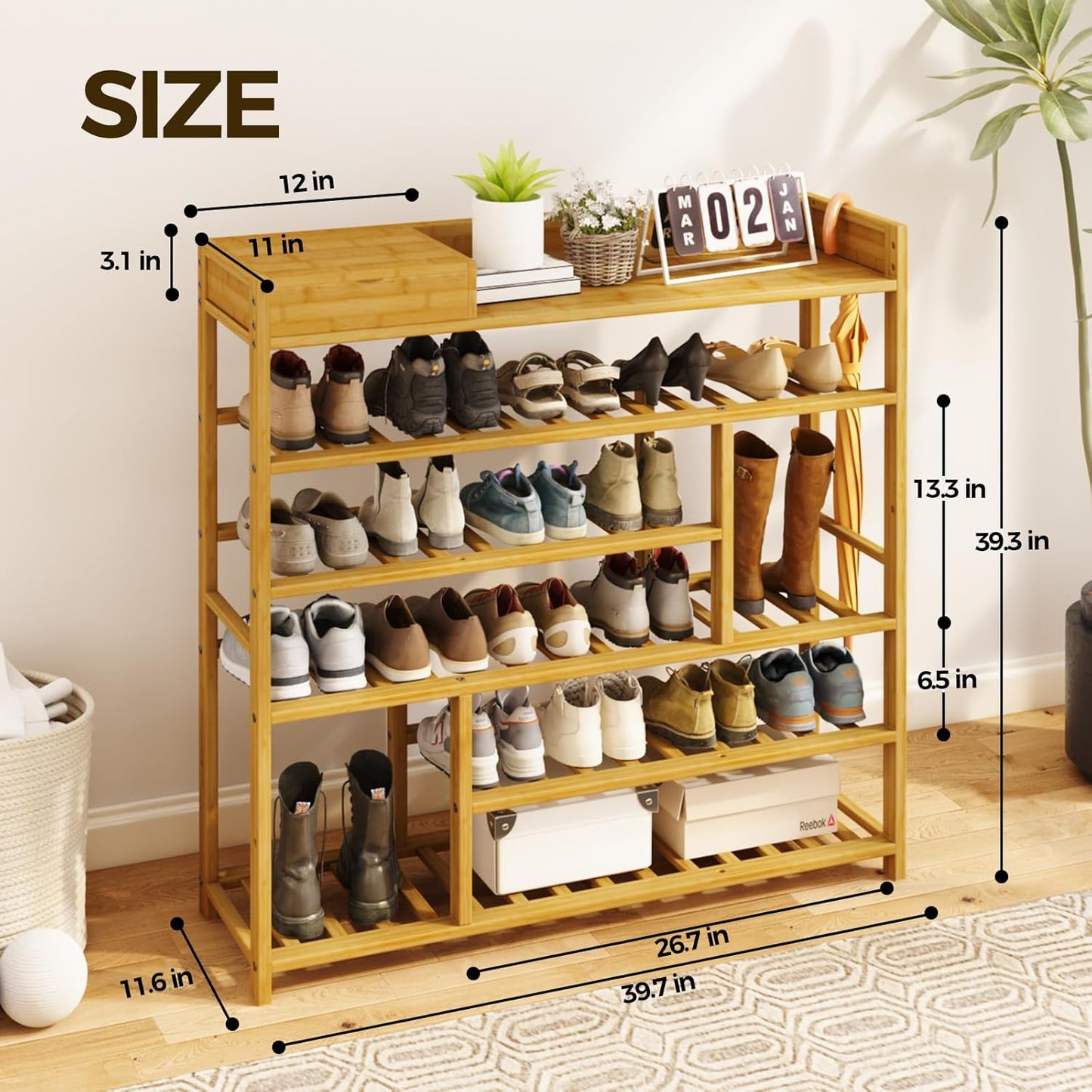 Bamworld Shoe Rack for Front Door Entrance Bamboo Shoe Organizer with Storage Box Free Standing Shoe Cabinet Shoe Storage Shelf for entryway, Closet and Doorway (Natural)
