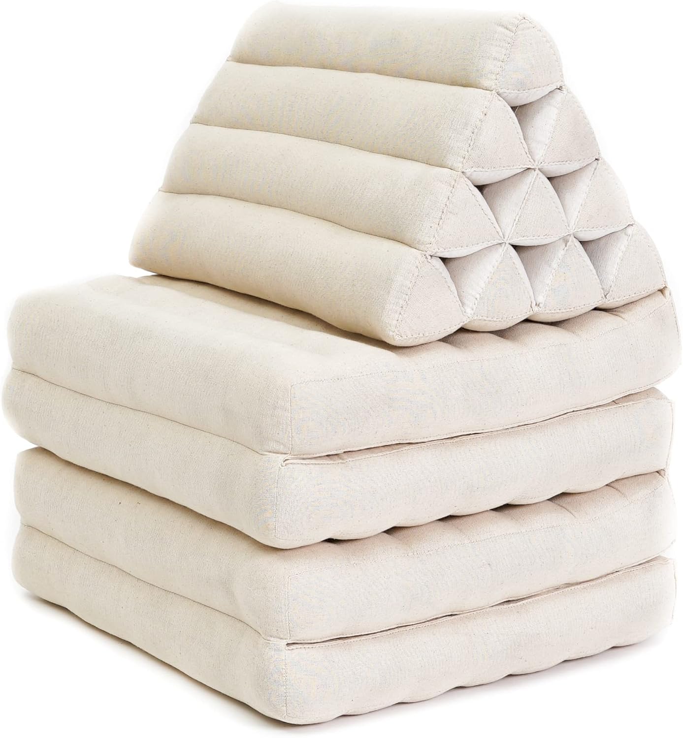 Leewadee Comfortable Japanese Floor Mattress - Thai Floor Bed with Triangle Cushion - Futon Mattress - XL Extra Long Thai Massage Mat, 89 x 20 inches, Ecru, Kapok Filling