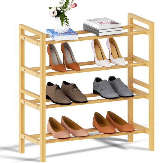 Haddockway Bamboo Shoe Rack for Closet, Free Standing Shoe Organizer with Smooth Round Rods & Convenient Handles, Stackable Shoe Storage Shelf for Entryway, Hallway(Natural, 4-Tier(Small))