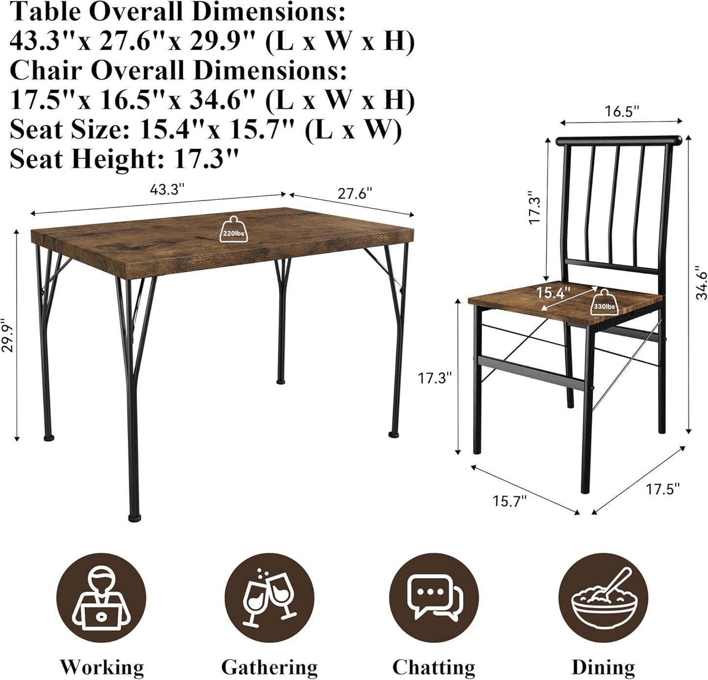 5 Piece Dining Table Set with 1.6" Thick Desktop, Modern Metal&Wood Kitchen Dinner Table with 4 Chairs, Dining Room Table Sets for Small Spaces, Brown