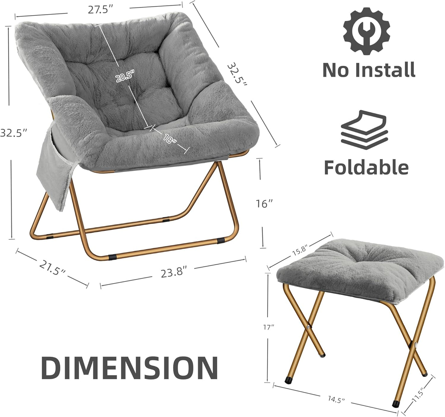 Comfy Saucer Chair for Adults, Foldable Living Room Chairs, Soft Faux Fur Lounge Chair for Bedroom, Reading Chairs, X-Large (Ottoman-Grey)