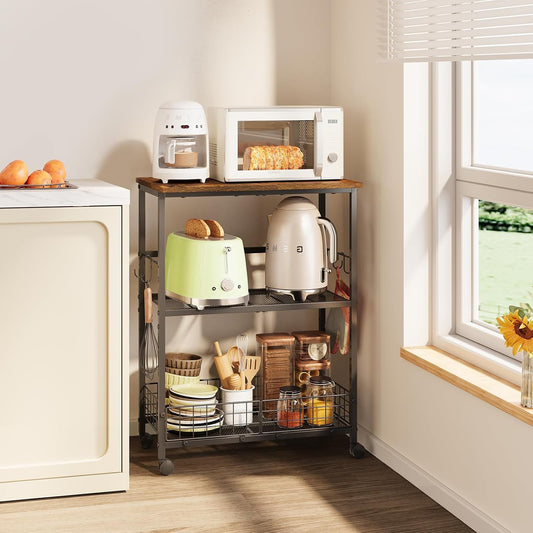 Rolling Kitchen Microwave Stand, 3-Tier Microwave Cart Table with Wood Top and Wire Basket, Coffee Bar Table on Lockable Wheels, Small Baker’s Rack Shelf Organizer for Kitchen, Dining Room, Office