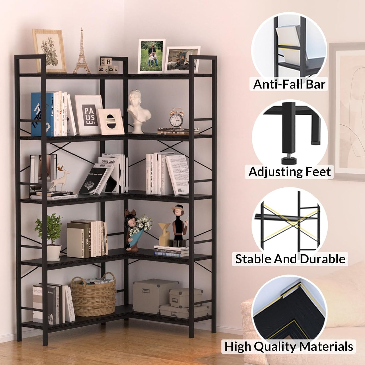 Black Corner Bookshelf,5 Tiers Corner Bookcase with Open Storage,L Shaped Shelves for Home Office,Living Room,Bedroom
