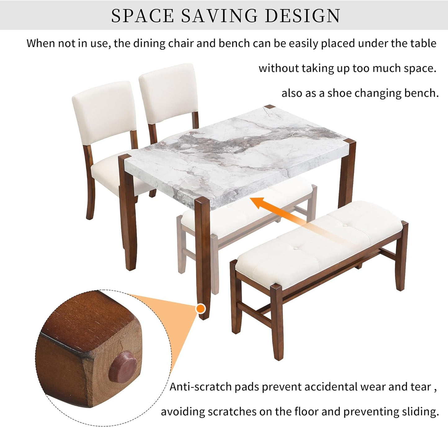 Ball & Cast 4-Piece Dining Furniture Set with 2 Upholstered Chairs & 1 Bench,Dining Table Set for 4 W/ 46" Faux Marble Style Table,for Restaurant,Home Bistro,Off White