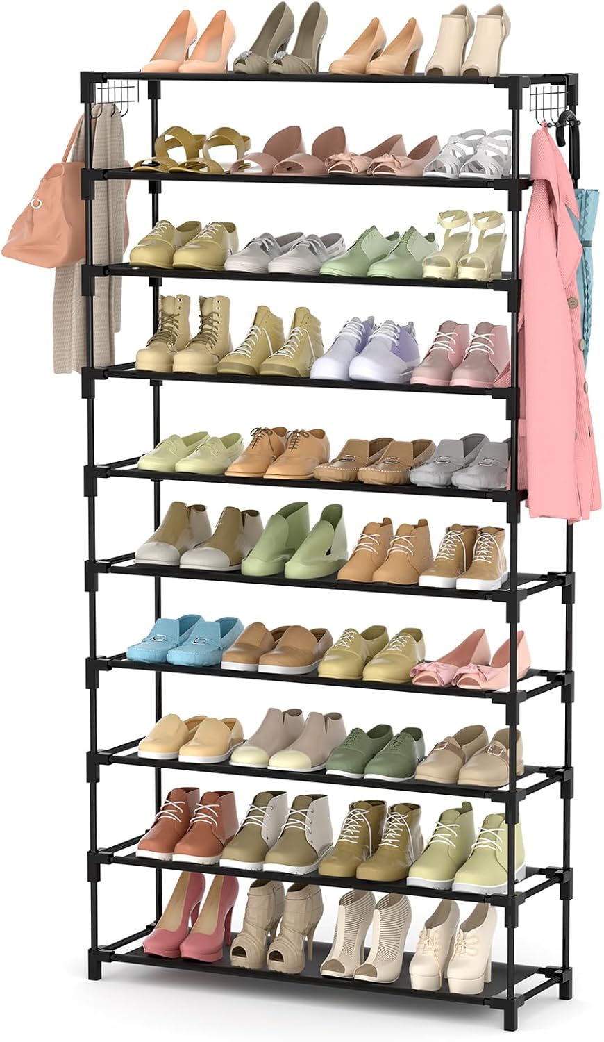 10 Tiers Shoe Rack 50 Pairs Large Capacity Tall Shoe Organizer Sturdy Shoe Storage with Two Hooks Space Saving Metal Wide Shoe Rack for Closet, Entryway, Bedroom, Black