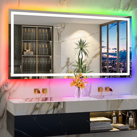 72x36 Inch RGB LED Bathroom Mirror Front Light and RGB Backlit Lighted Vanity Mirror for Bathroom Wall Mounted Dimmable Anti Fog Memory Shatter-Proof IP54 Waterproof Horizontal/Vertical
