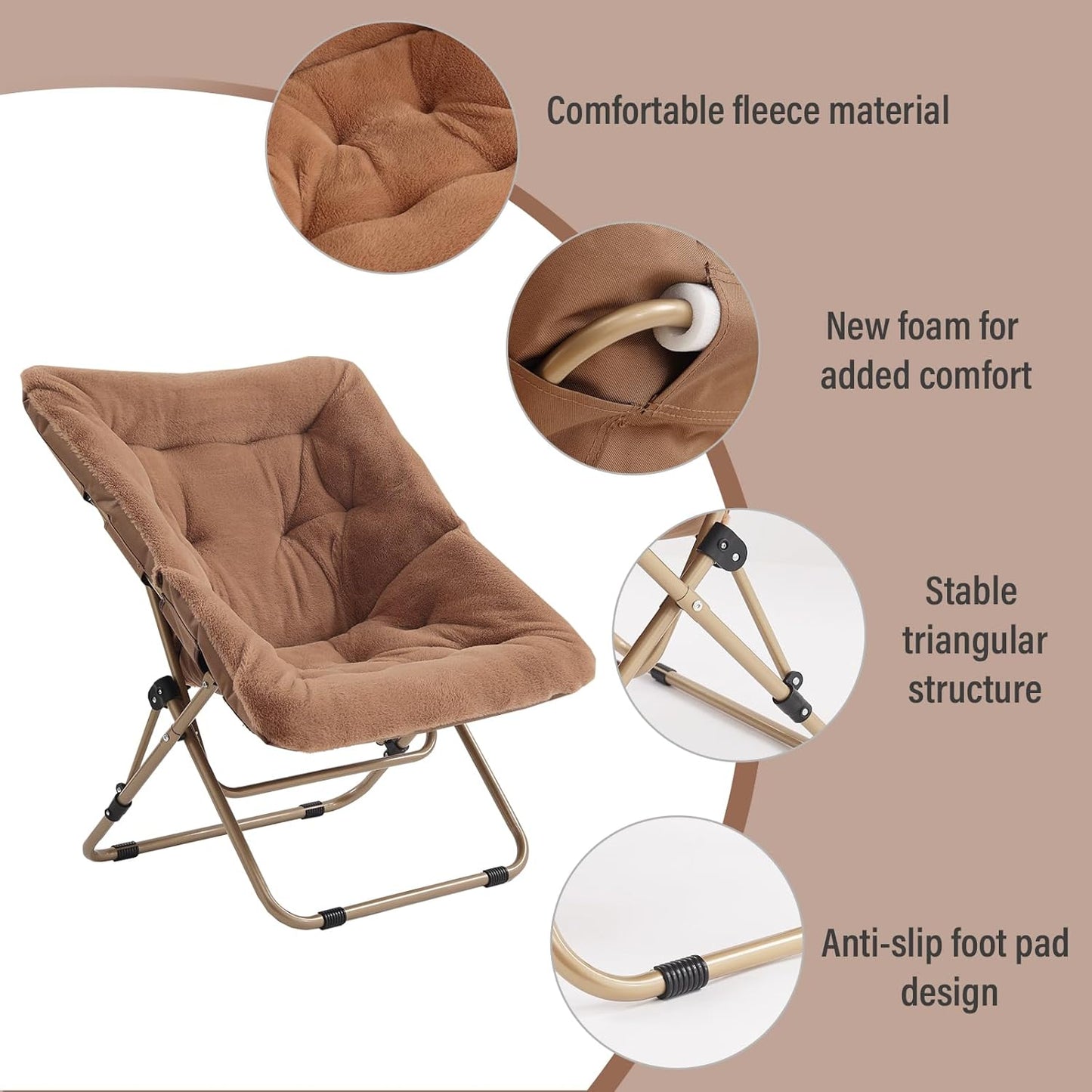 Tiita Comfy Folded Chair, Soft Faux Fur Oversized Folding Accent Chair, Lounge Lazy Chair for Kids Teens Adults, Metal Frame Moon Chair for Bedroom, Living Room, Dorm Rooms