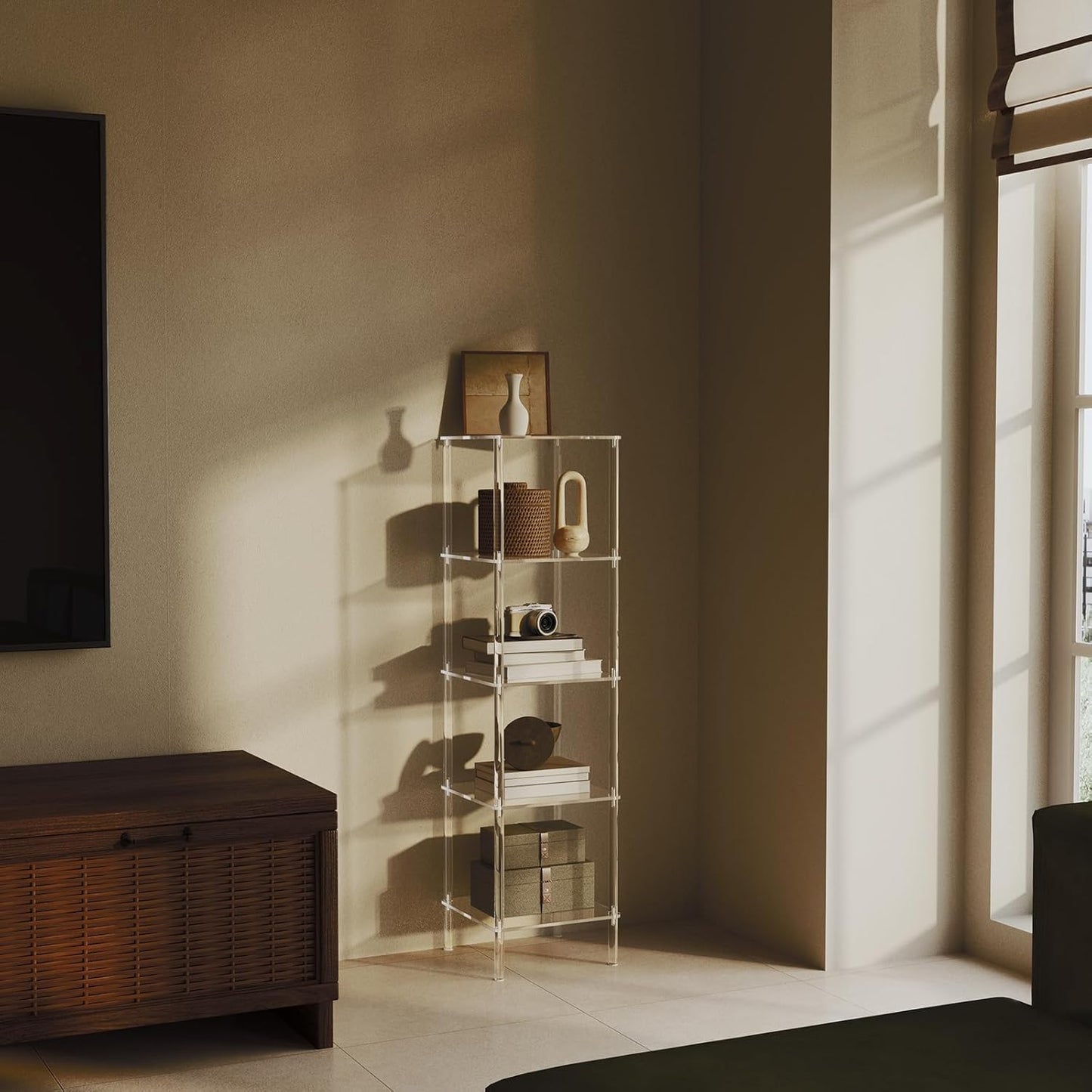 5 Tier Square Acrylic Bookshelf, Small Bookcase with Acrylic Fittings for Fixing to Wall, Corner Display Shelf for Living Room, Bedroom, Bathroom, Small Spaces, Clear, 11.6'' W x 44'' H