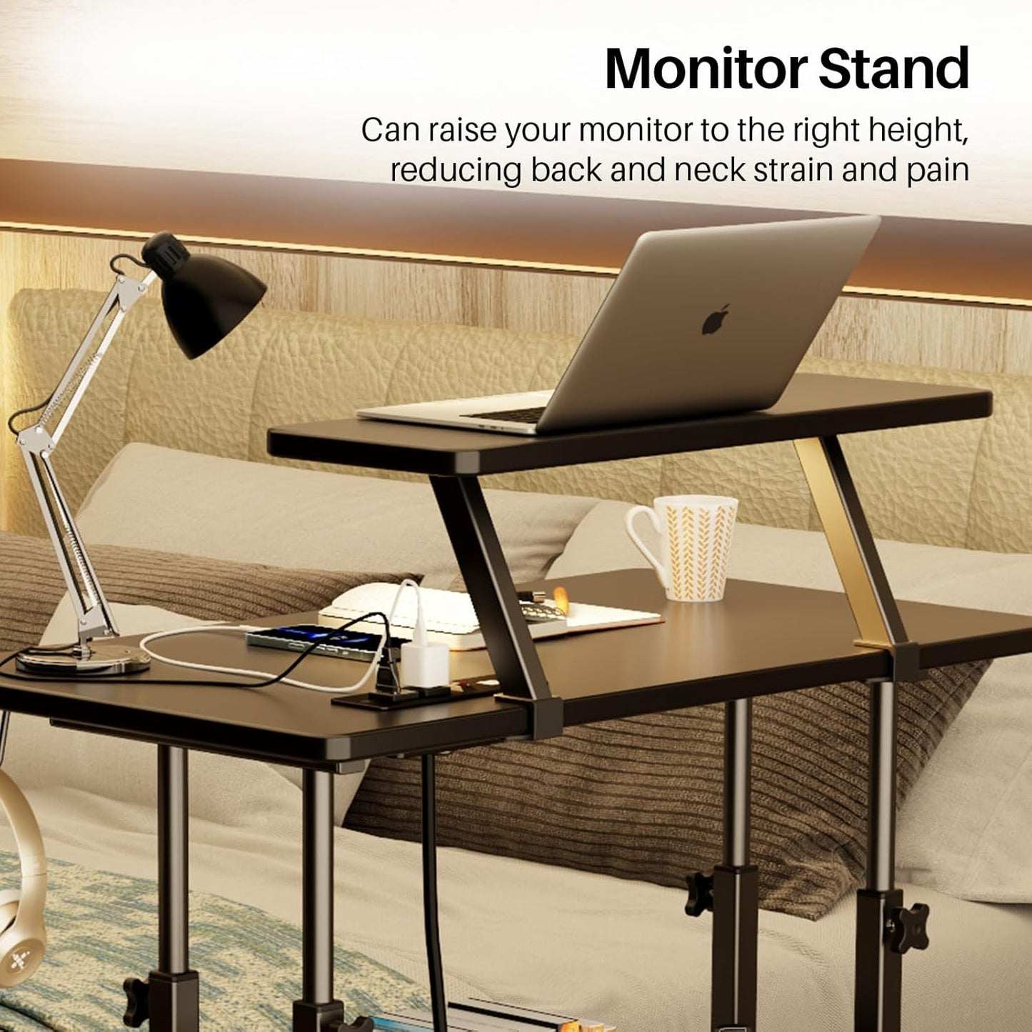 Adjustable Height Standing Desk with Power Outlets, Rolling Stand Up Desk with Monitor Stand and Storage Shelves, 31.5" Small Mobile Computer Desk, Portable Laptop Table (Black with Monitor Stand)