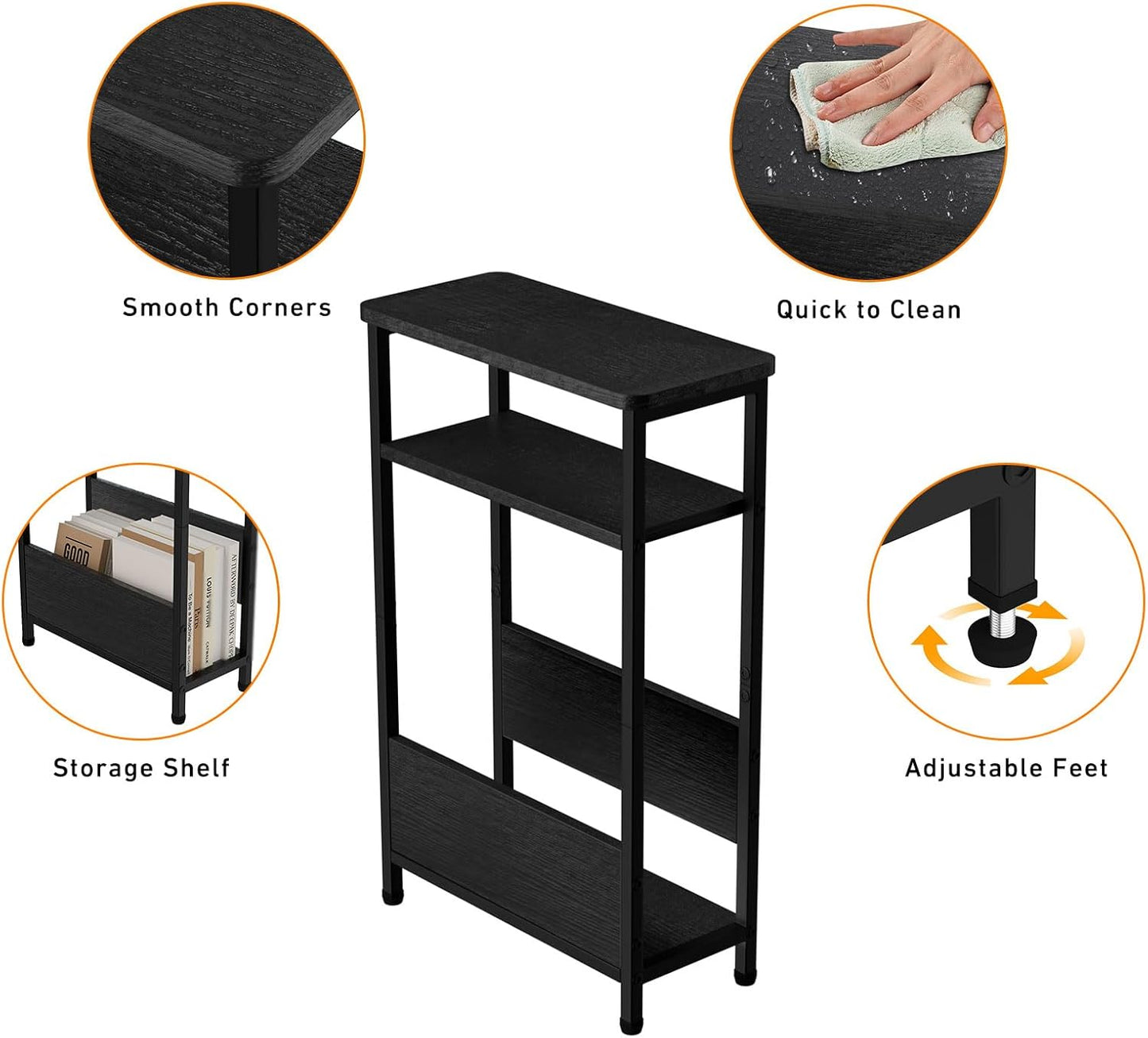 7.1" Narrow Side Table for Small Spaces, 3 Tier Small End Table with Magazine Holder, Slim/Skinny Nightstand/Bedside Table for Living Room, Bedroom, 15.4" L x 24.2" H, Black