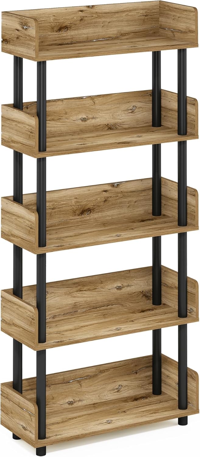 Furinno Turn-N-Tube 5-Tier Multipurposes Display Rack, Open Shelf Rack/Storage with back & side panel, Flagstaff Oak/Black