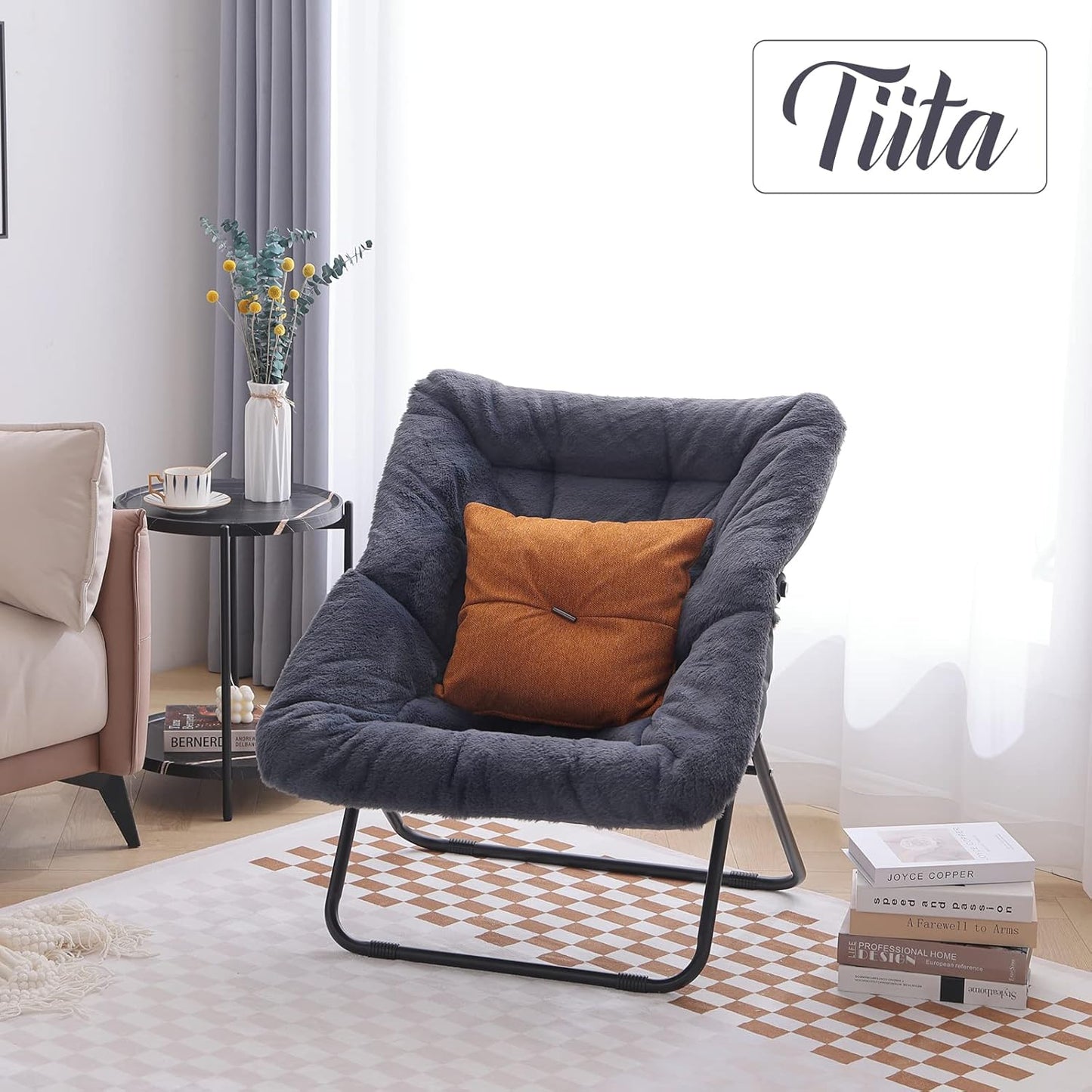 Tiita Comfy Folded Chair, Soft Faux Fur Oversized Folding Accent Chair, Lounge Lazy Chair for Kids Teens Adults, Metal Frame Moon Chair for Bedroom, Living Room, Dorm Rooms