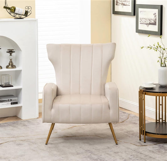 Container Furniture Direct Modern Velvet Accent Chair, Channel Tufted Bedroom, Office or Living Room Furniture with Elegant Metal Legs, 26" Wide Armchair, Beige