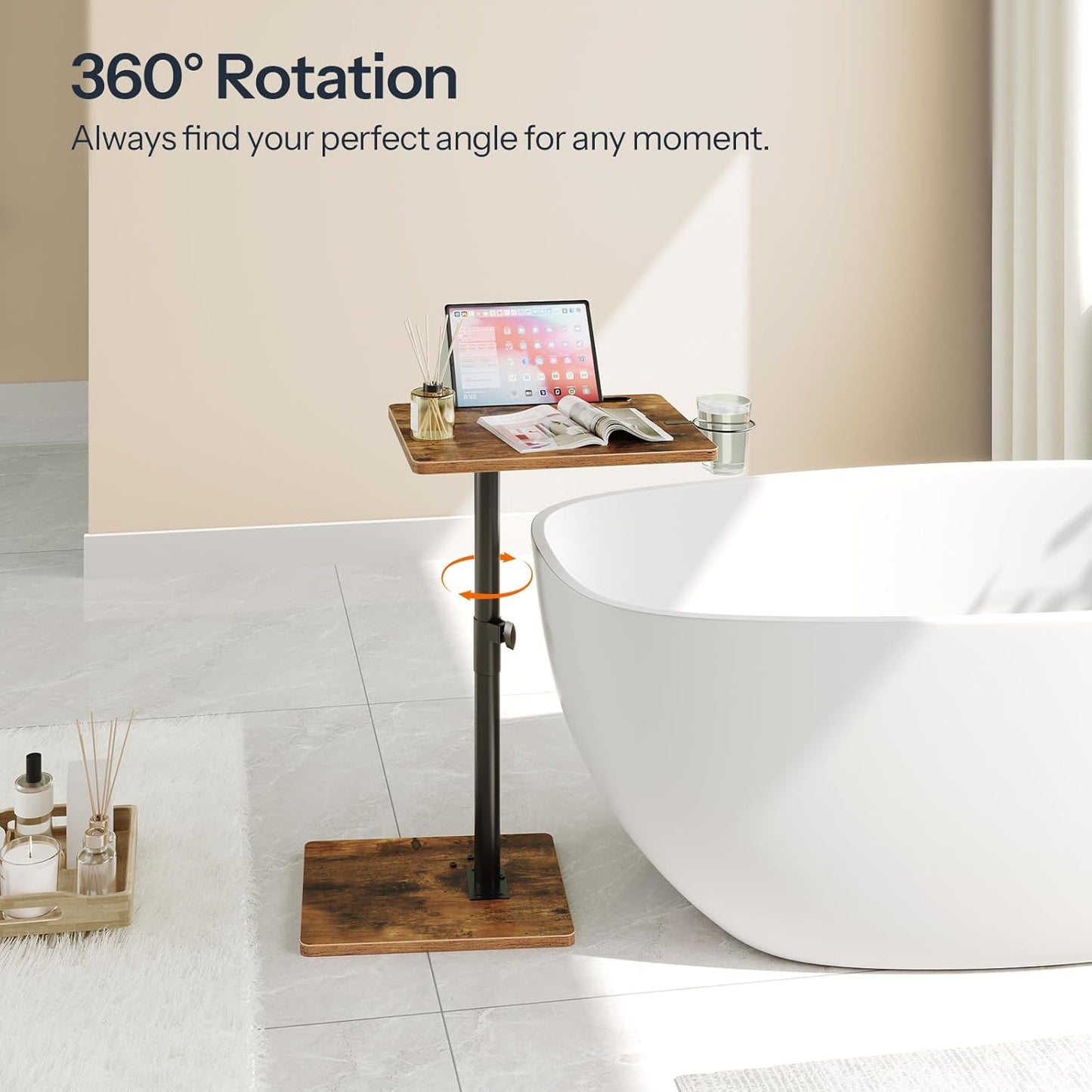 HOOBRO TV Tray Table, 360° Swivel Side Table Sofa Armrest Tray for Couch, Height Adjustable C Shaped End Table, Snack Desk with Cup Holder, for Small Spaces, Rustic Brown and Black BF234BZ01