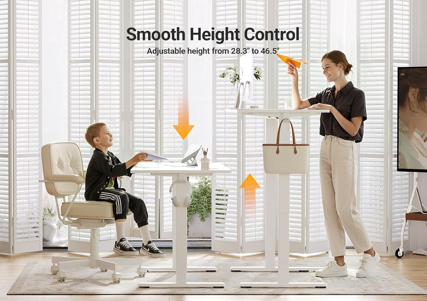 Seang Electric Standing Desk Adjustable Height, 55 x 24 Inch Sit Stand Desk with T-Shaped Frame, 3 Memory Presets & Cable Management for Home Office Computer Workstation, White Frame/White Top