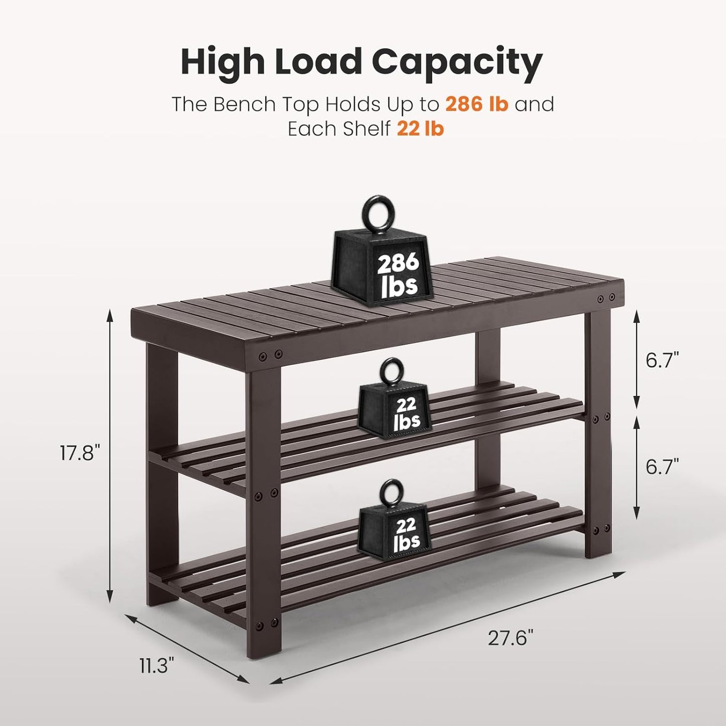 Sweetcrispy 3-Tier Shoe Rack Bench, Bamboo Entryway Storage Organizer, Shoes Stand for FrontDoor Entrance, Bedroom, Living Room, 286lb Capacity, 11.3 x 27.6 x 17.8 Inches, Chestnut
