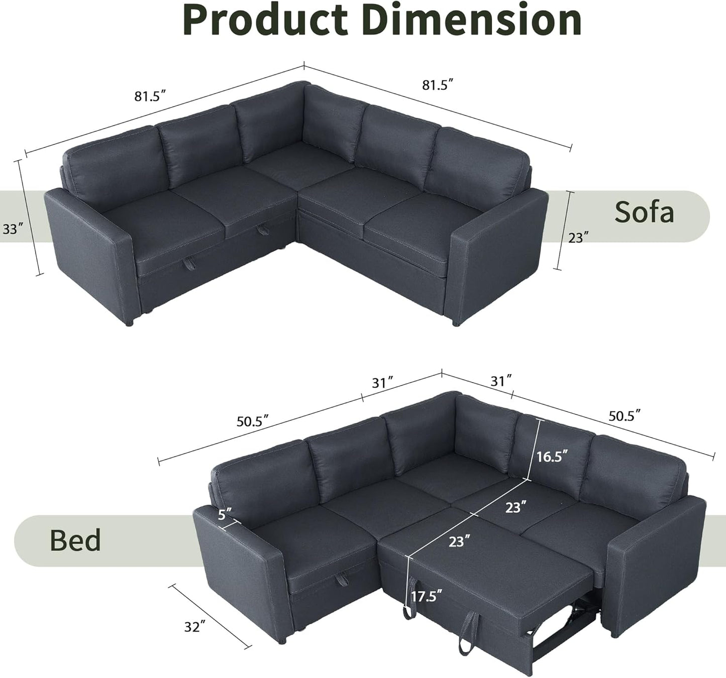 83" Pull Out Sleeper Couch with Storage Chaise, Couch, Sofa Bed, Convertible L Shaped Sofa for Living Room, Apartment, Black Grey