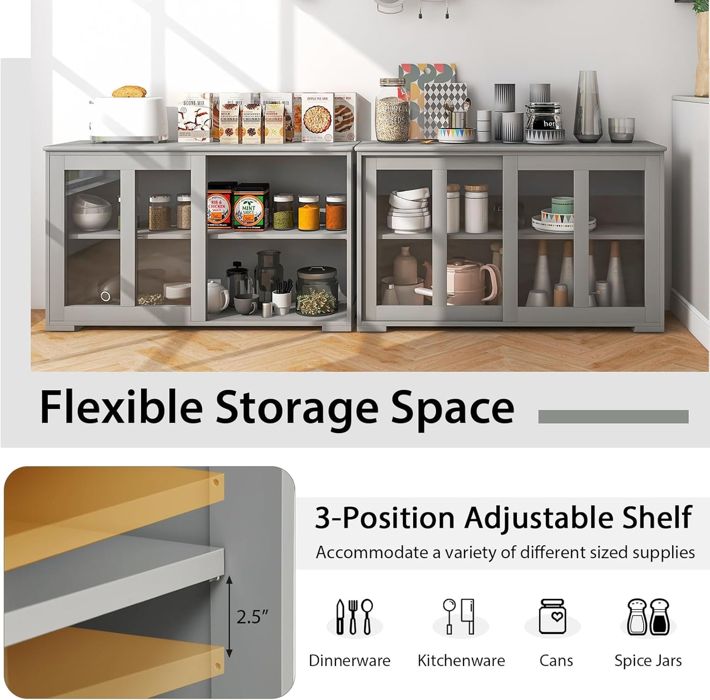 Costzon Sideboard Buffet Cabinet of 2, Wooden Kitchen Storage Cabinet with Adjustable Shelf, Sliding Glass Doors, Accent Coffee Bar Cabinet Console Table for Living Room, Dining Room, Hallway